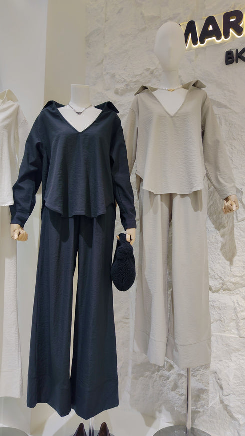 Deep V-Neck Collar Down Pullover with Trousers Sets